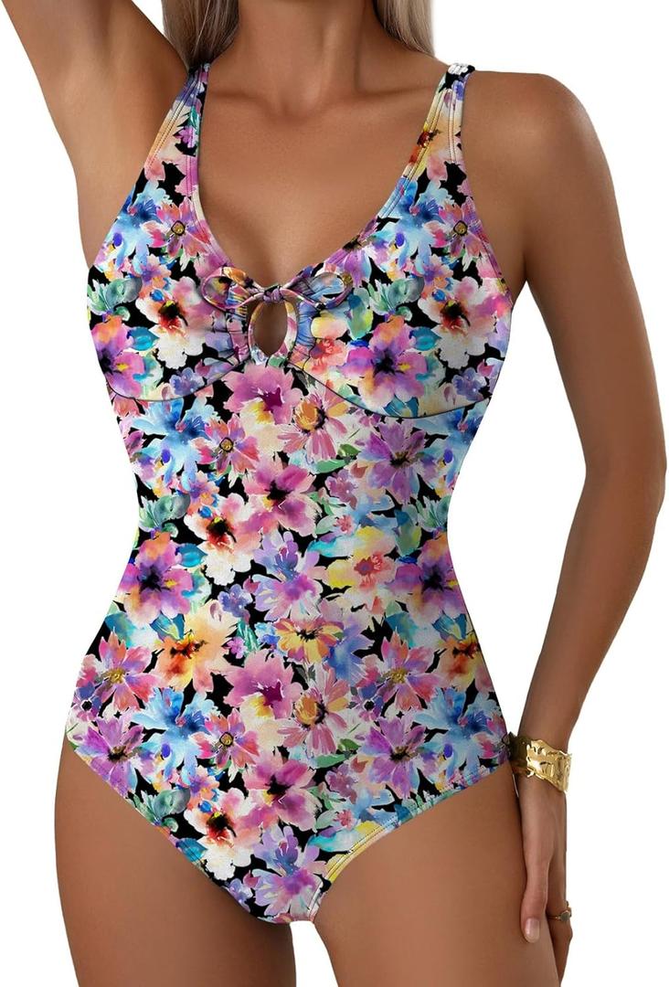Aleumdr Tummy Control One Piece Bathing Suit for Women V Neck Tie Front Cutout Swimsuit High Cut Slimming Swimwear (Medium, Floral Purple)