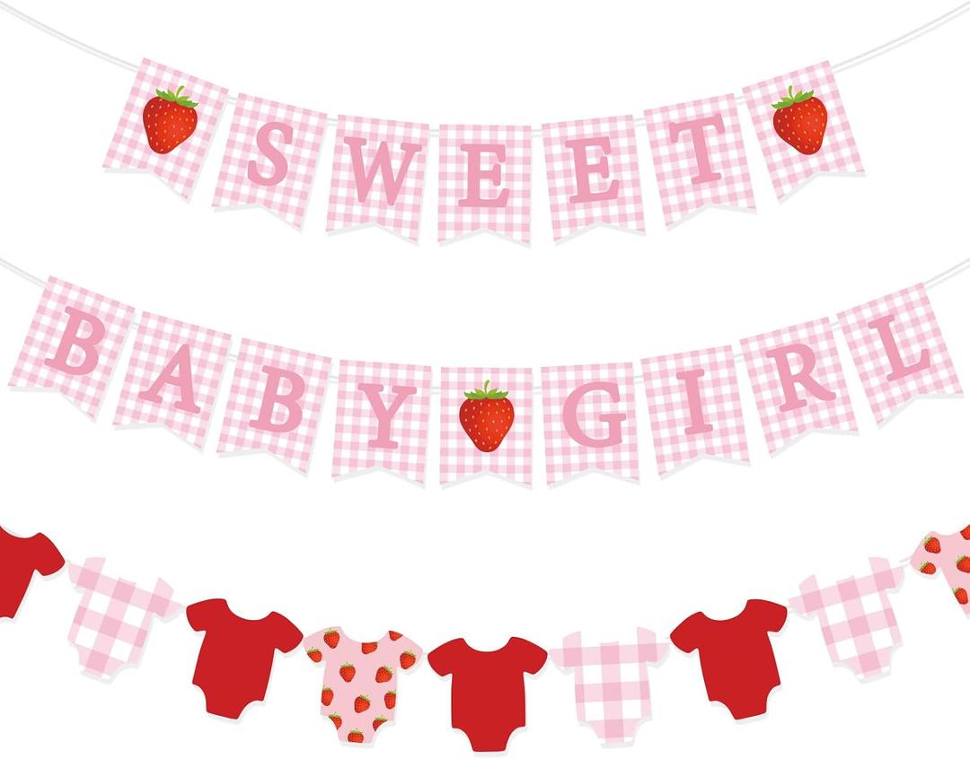 Maitys 3 Pcs Strawberry Baby Shower Decorations Girl Banners Pink Gingham Paper Garland with Baby Clothes Shaped Bunting for Girl Strawberry Birthday Party Supplies