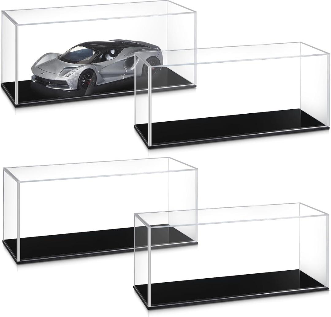 Juexica 4 Pcs Clear Acrylic Model Car Display Case 1: 24 Acrylic Display Boxes for Vehicle Model Thick Model Car Display Case Dustproof Showcase with Black Base for Collectibles Memorabilia