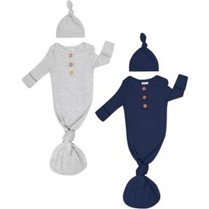 Newborn Knotted Sleep Gown with Hat, Soft Baby Nightgown with Mitten Cuffs, Hospital & Coming Home Outfit (X-Small, Hawthorn)