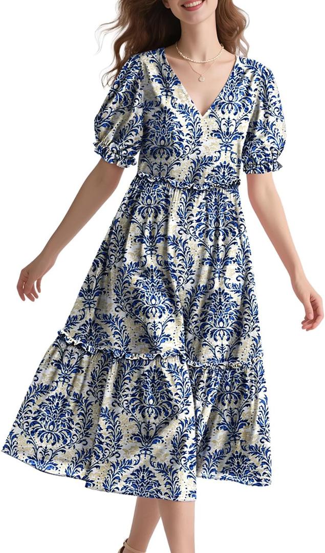 YESNO Summer Floral Midi Dresses for Women V Neck Puff Short Sleeve Frill Trim Dress with Pockets EVX (XXXL)