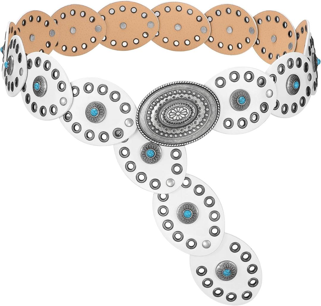 WERFORU Women Western Belts Wide Disc Belt with Turquoise for Dress Cowgirl Country Belt Boho Concho Leather Belt for Concert (White)