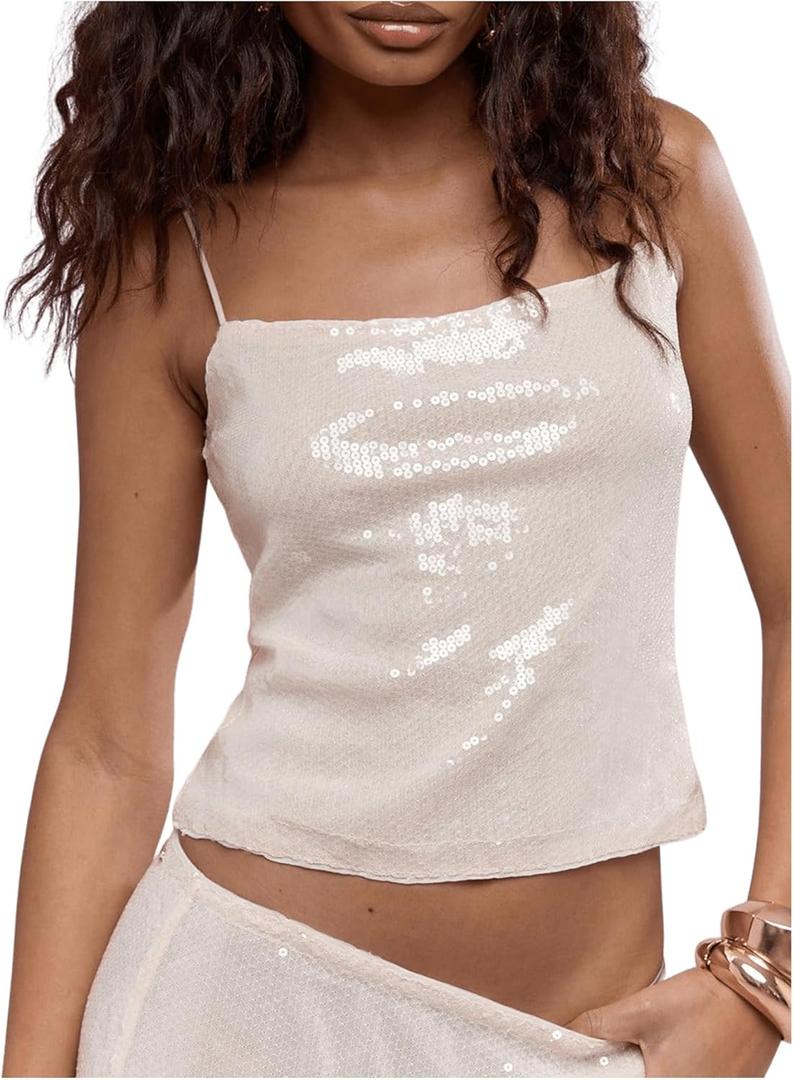 SOLY HUX Women's Glitter Sequin Cami Tops Spaghetti Strap Camisole Sleeveless Party Clubwear Top, S