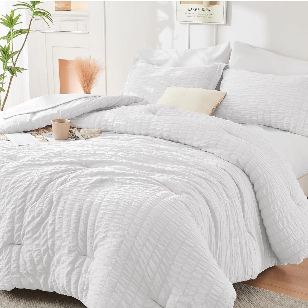 HYMOKEGE White Twin Comforter Set Seersucker 5 Pieces, All Season Luxury Bed in a Bag for Bedroom, Bedding Set with Comforters, Sheets, Pillowcase & Sham