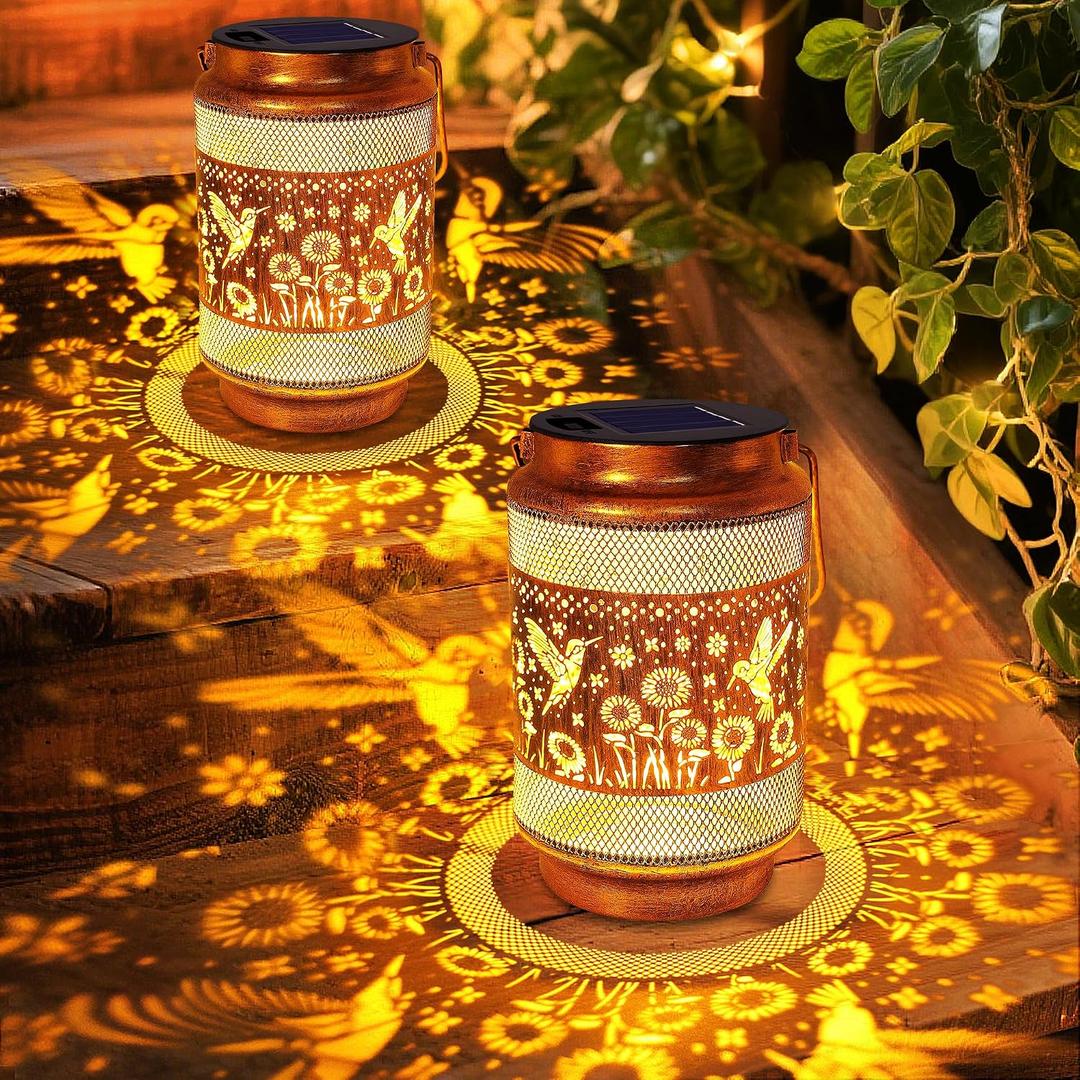 2 Pack Hummingbird Solar Lanterns Outdoor Waterproof Garden Decor, Birthday Gifts for Women Mom Grandma, Metal Hanging Solar Lights for Yard Patio Pathway Backyard Porch