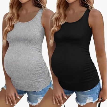 Ekouaer 2 Pack Women Maternity Tank Tops Ruch Side Basic Shirts Summer Postpartum Tops Sleeveless Pregnancy Workout Clothes, Large