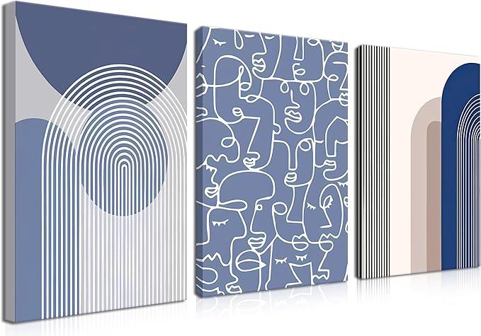 Abstract Wall Art Set of 3 - Modern Navy Blue Wall Decor Neutral Boho Oil Painting Lines Canvas Artwork Posters Prints Framed 12×16 Inch for Living Room Bedroom Office Home Decoration