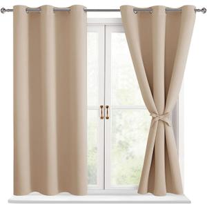 Hiasan Short Blackout Curtains for Bedroom - Thermal Insulated & Energy Saving Window Curtains for Living Room, 2 Drape Panels Sewn with Tiebacks, Beige, 38 x 45 Inch