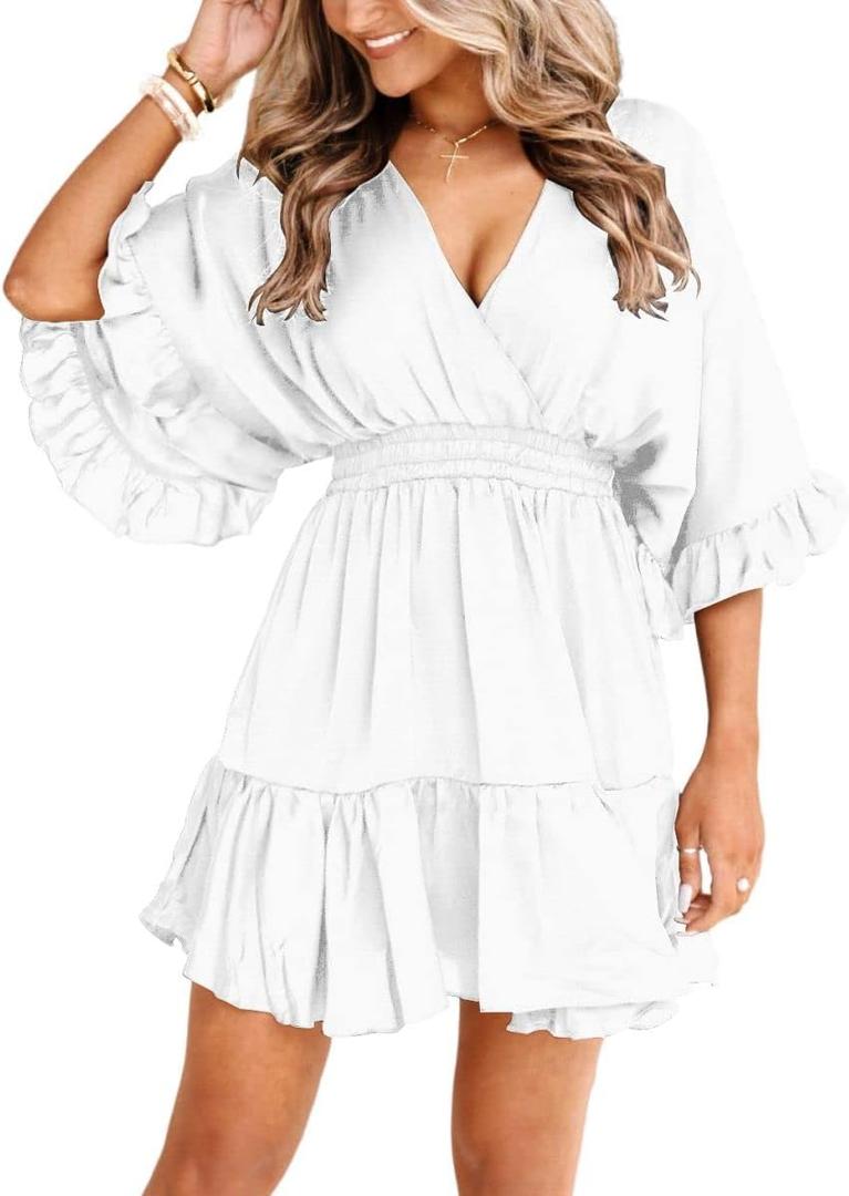 Aoysky Womens V Neck Casual Dresses Summer Loose High Waist Ruffle Pleated Cute Mini Short Dress (Medium, White)