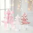 Amyhill 3 Pcs Mini Pink Christmas Tree Table Decor 3 Sizes Pastel Small Table Top Xmas Trees with Bow Pearl Pink and White Christmas Tree with Wood Base for DIY Crafts Xmas Decorations