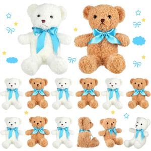 Kathfly 12 Pcs Mini Stuffed Bears Bulk 10 Inch Soft Small Plush Bears Bulk Cute Animal with Ribbon Bow Toy Gift for Birthday Wedding Party Brown White (Blue)