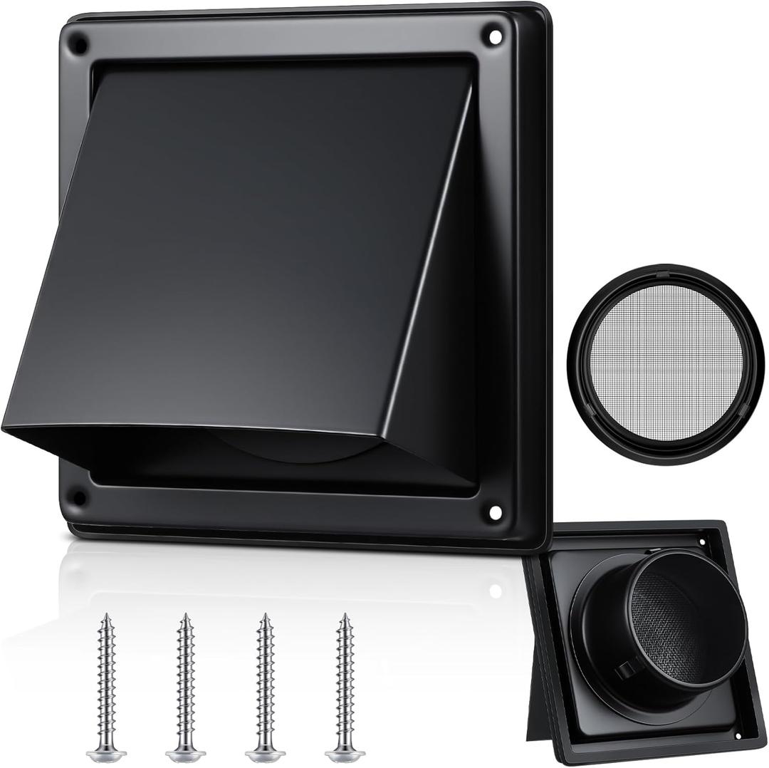 Gisafai 4 Inch Dryer Vent Cover Outdoor with Stainless Steel Screen Black Wall Dryer Exhaust Vent Cover External Cap Cushioned Non Return Flap with Sealing Gasket Grille, Bird/Insect Proof