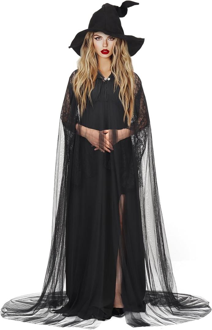 Ultrafun Halloween Witch Costume for Women - Full Length Sheer Witch Cloak with Hood for Cosplay (Black) One Size