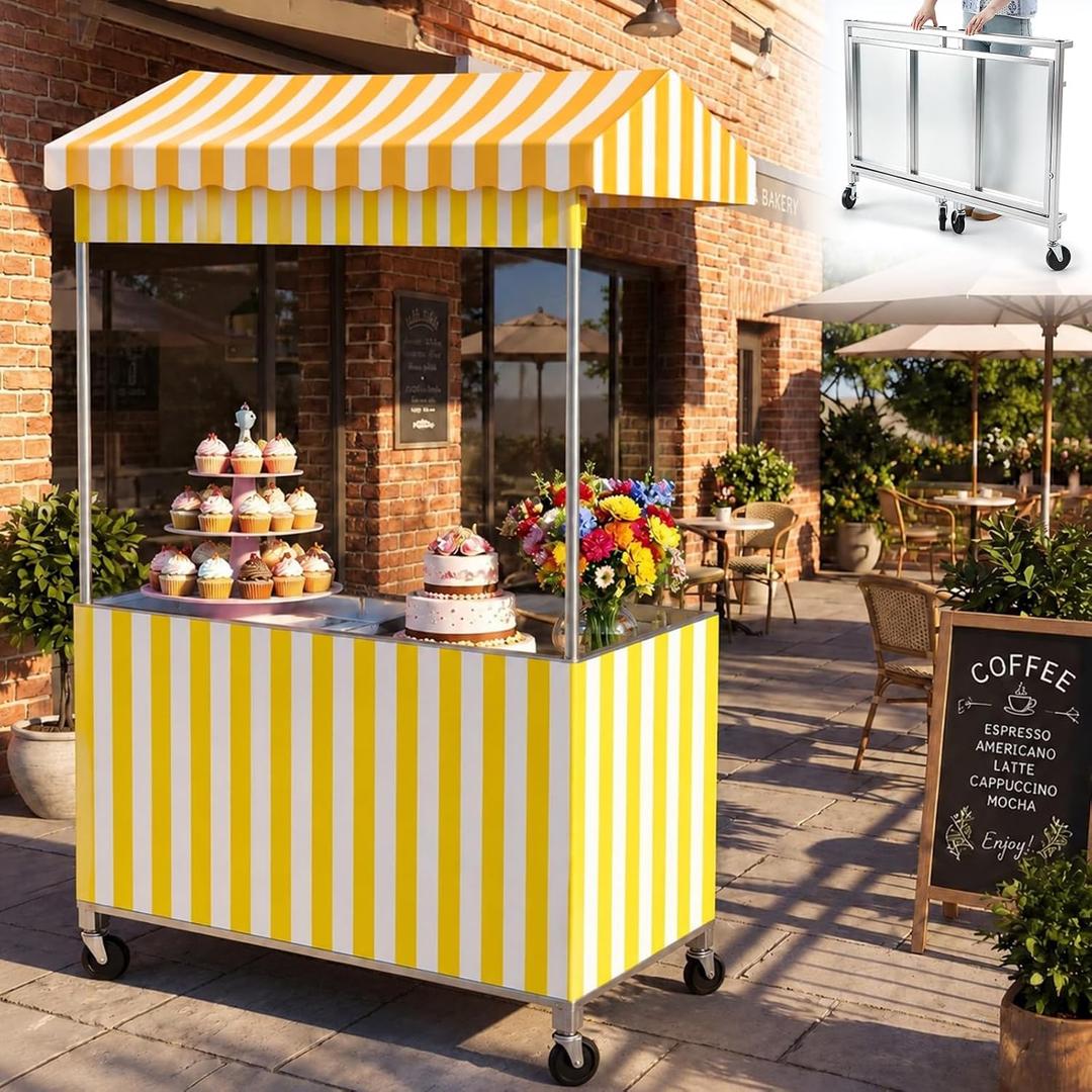 Woanger Portable Foldable Vendor Cart with Canopy, Yellow, 47.2 x 23.6 inches