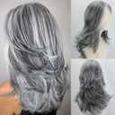 Fencca Silver Grey Wigs For White Women 20 Inch Medium-length Wavy Layered Salt Pepper Wig With Synthetic Highlight Grey Shaggy Wigs For Daily Party Use