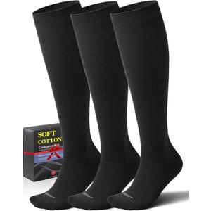 3 Pairs Cotton Compression Socks for Women Men 20-30 mmHg - Knee High Support Socks with Thick Sole and Seamless Toe S/M