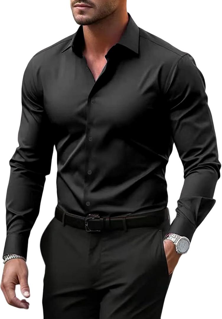 BUXKR Men's Wrinkle Free Slim Fit Dress Shirts Formal Long Sleeve Button Down for Wedding Business (Black), XL