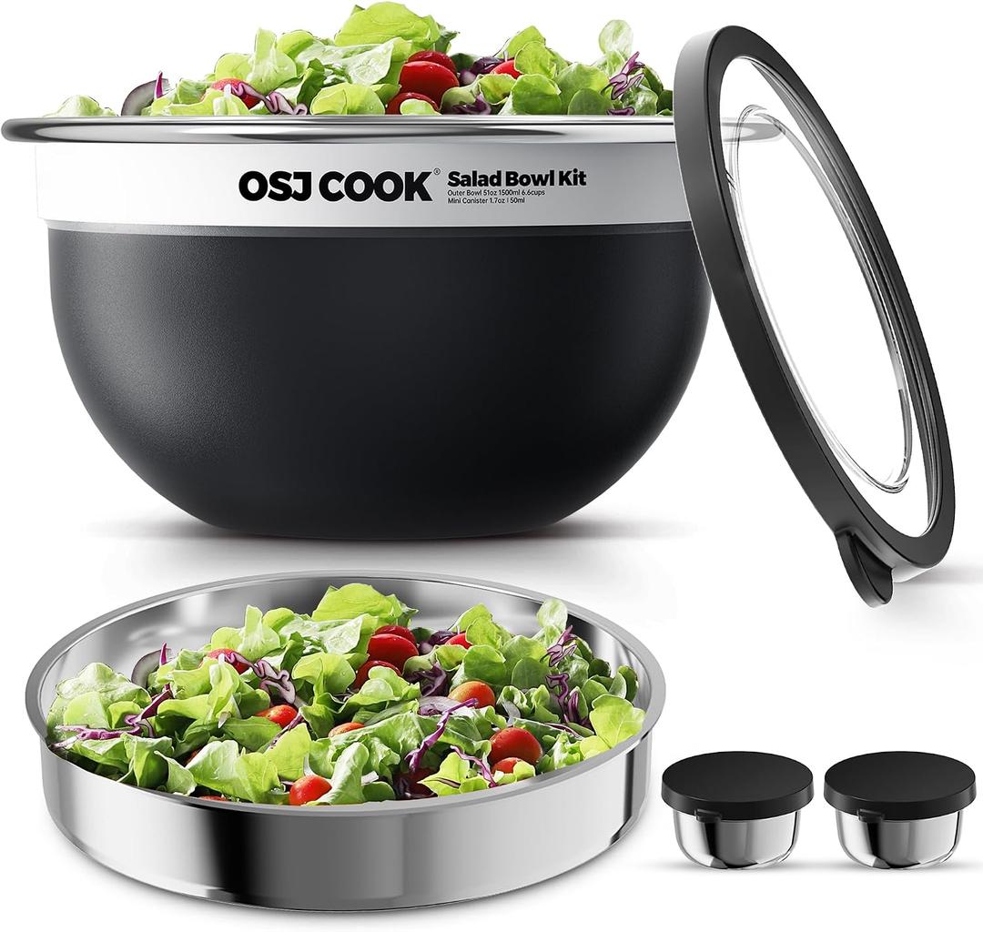 74oz Stainless Steel Salad Bowl Kit, Leak-Proof Salad Container for Lunch with Lid, 18/8 Metal Lunch Bowl with Dressing Cup and Removable Tray, Dishwasher Safe, Black