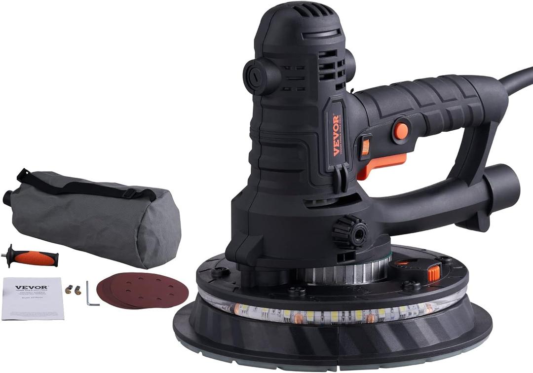 VEVOR Drywall Sander, 800W Electric Sander with 12 Sanding Discs, Variable Speed 1200-2300 RPM Wall Sander with Automatic Vacuum Dust Collection System, Double LED Lights, Dust Bag, Detachable Edge