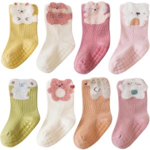 3 x Baby Non Slip Grip Crew Socks Cute with Non Skid Soles for Infants Toddlers Boys Cotton Socks Girls 8 Pairs