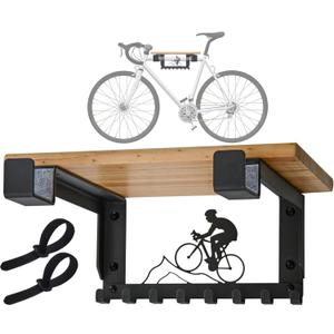 Bike Rack Wall Mount with Shelf and 8 Hooks Offer Horizontal Indoor Bike Storage for Sheds Garages. Wooden Bike Rack Bracket for Road, Mountain, Travel Bicycles, Maximizing Space