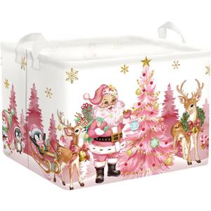 Pink Santa Claus Baby Laundry Hamper Christmas Clothes Kids Storage Basket Large Poinsettia Reindeer Sleigh Snowflake Girls Gift Toy Box Bin, Tree, 36L