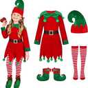 JNYVE Christmas Elf Costume for Kids - Girls Elf Dress Set Velvet Cosplay Santa's Helper Costume Xmas Outfit (4-5 Years)