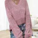 onlypuff Fall European Outfits for Women V Neck Sweaters Lightweigtht Pullover Trendy Tunic Tops Crochet Pointelle Sweater Fall Clothes Pink S (Pink, S)