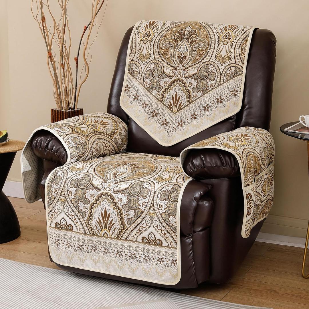 LUFEIJIASHI Recliner Chair Covers Non Slip Waterproof Large Recliner Covers for Leather Recliner,Electric Reclining Chair Covers for Living Room Dog Sofa Recliner Cover (FLKF-Beige)