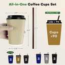 12oz 90Pack Compostable Paper Cups with Lids & Straws, 3-Layer Insulated Corrugated Cups for Hot & Cold Drinks, Home Office Travel, Kraft
