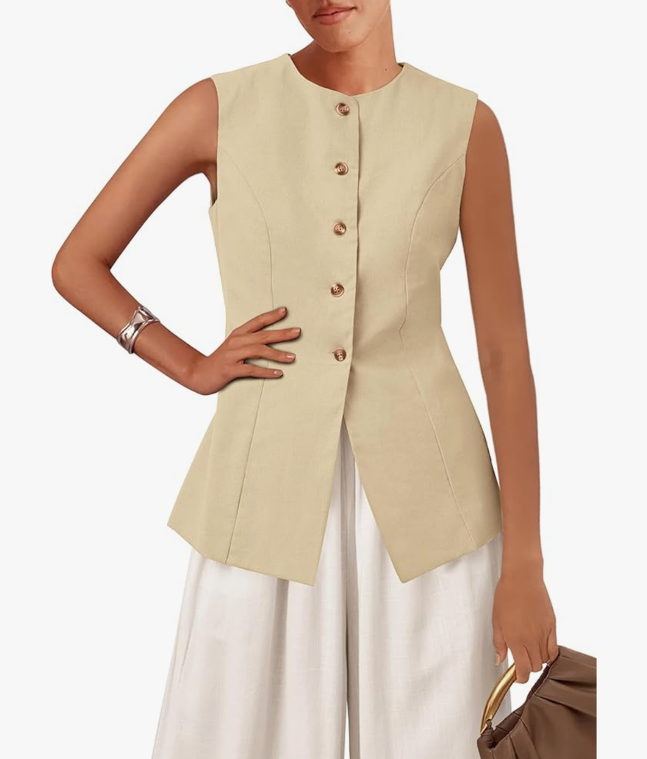 KIRUNDO Blazer Vest for Women Trendy 2025 Dressy Business Casual Summer Button Down Sleeveless Work Suit Waistcoat Tops, Beige, S