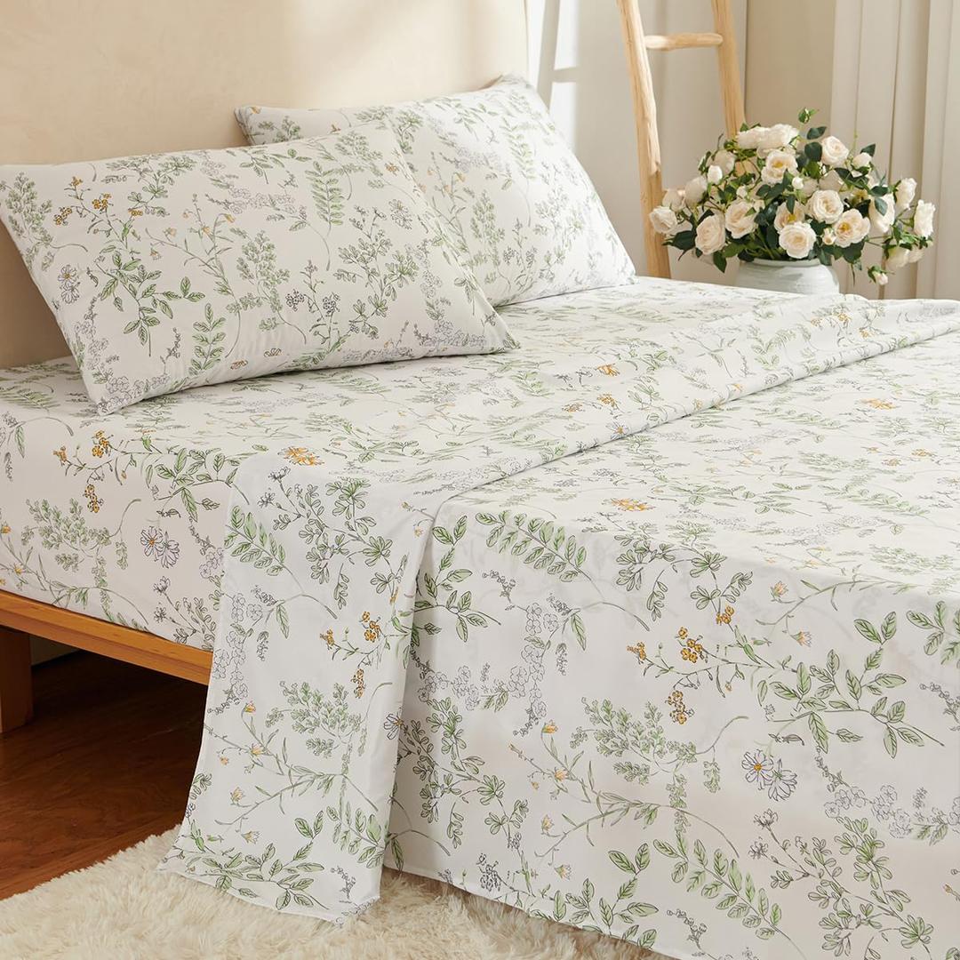 CCoutueChen Botanical Bed Sheets Full Size 4 Piece Sheet Set, Sage Green Floral Shabby Chic Leaves Pattern Printed Coquette Aesthetic Bedding, Deep Pocket, Soft Microfiber