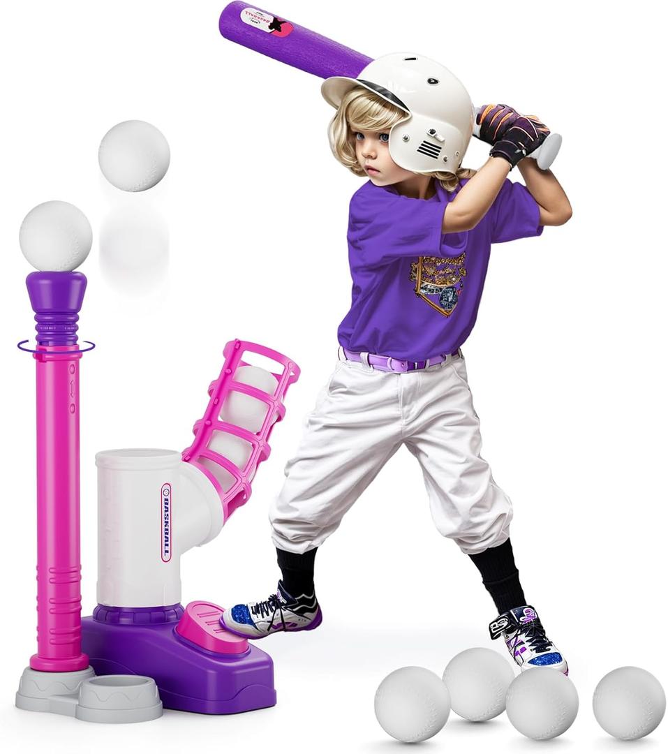 HYES Tball Set for Toddlers 3-5, Tee Ball Set with Step on Pitching Machine/Adjustable Batting Tee/Retractable Baseball Bat/8 Pop Up Balls, Outdoor Sport Toy Games for Kids Girls