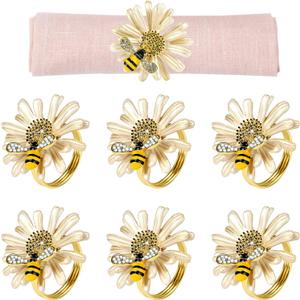 Kesote Daisy Sunflower Napkin Rings Set of 6, Gold Bee Napkin Ring Holders for Formal or Casual Dinning Table Decor (Cream)