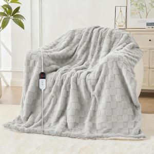 Electric Heated Blanket Full Size - Jacquard Checkered Sherpa 72"x84" Fast Heating Bed Blankets with 6 Heating Levels & 10 Hours Auto Off, Over-Heat Protection ETL, Light Gray