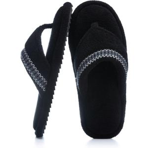 Flip Flops House Slippers for Women Indoor House Shoes with Soft Terry Cloth Ladies Thong Slippers with Non-Slip Sole and Memory Foam (9-10, Black)