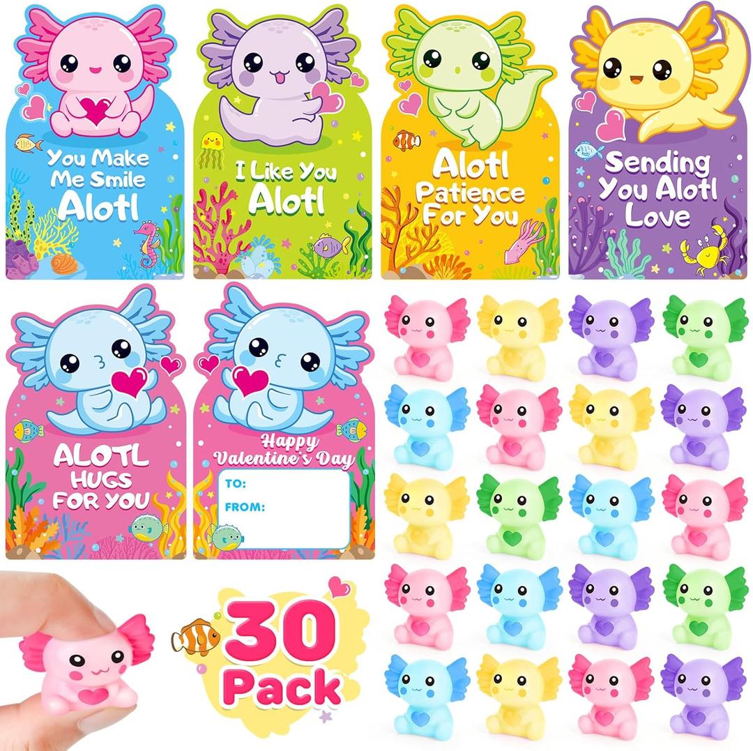 30 Pack Valentines Day Gifts for Kids School, Valentines Cards for Kids Classroom, Valentines Party Favors with Axolotl Squeeze Toys, Ideal Exchange Gift and Class Prizes for Boys Girls