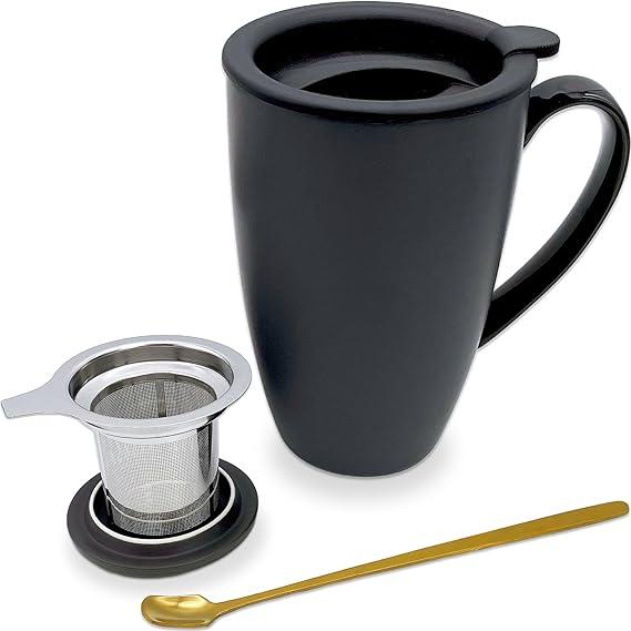 YumKubis Tea Mug with Infuser and Lid, 17oz Large Tea Infuser Cup, Ceramic Tea Infuser Mug Loose Leaf Teacups with Strainer, Spoon & Silicone Lid, Microwave & Dishwasher Safe, Black