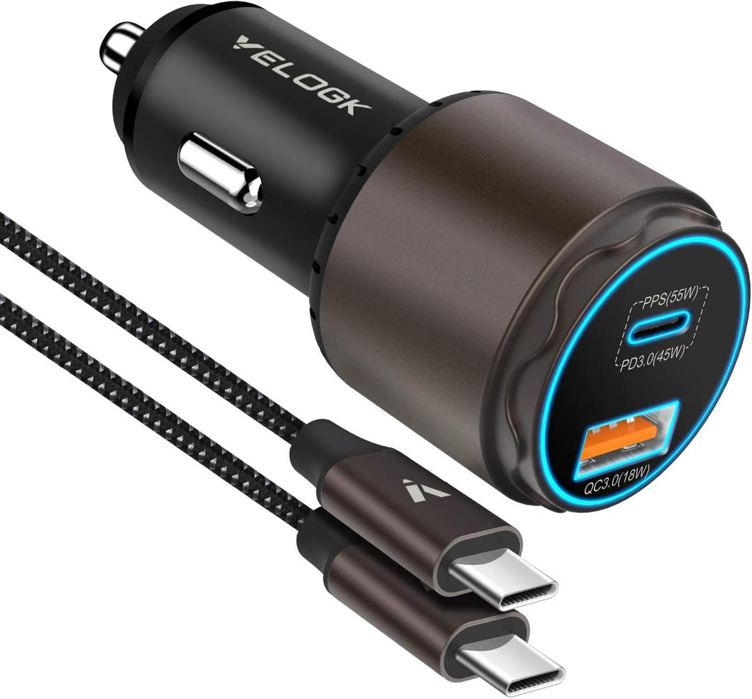VELOGK Super Fast Type C Car Charger [73W Turbo], Fast Adaptive 55W 45W PPS/PD&QC3.0 USB C Car Adapter[Super Fast Charging 2.0] for Samsung S25 Ultra/S24 Ultra/S23 Ultra/S22+/S21/S20,iPad Pro,MacBook (Bronze)