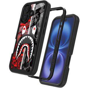 Street Fashion Cool Camo Red Gray Zipper Shark Design Compatible with iPhone 16 Case for Boys Man Luxury Shockproof Rugged Cover Dual Layer Soft TPU + Hard PC Bumper Full-Body Protective Case