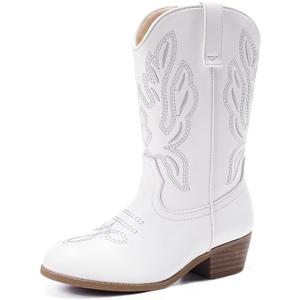 Cowgirl Boots for Little Girls Mid Calf Pointed Toe Kid Cowboy Boots Side Zipper Classic Embroidered Western Boots Horse Riding Shoes Party for Toddler Little Big Kids (White) 6