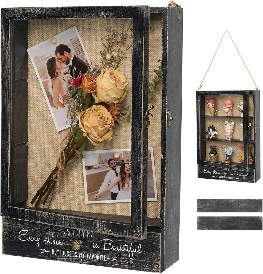 AW BRIDAL 11X16 Large Shadow Box Picture Frames Deep Shadow Boxes Display Cases with Removable Shelves and Drawers, Black Wooden Memory Boxes for Keepsakes with Slot Ideas, Black（love Story）, 11x16 in