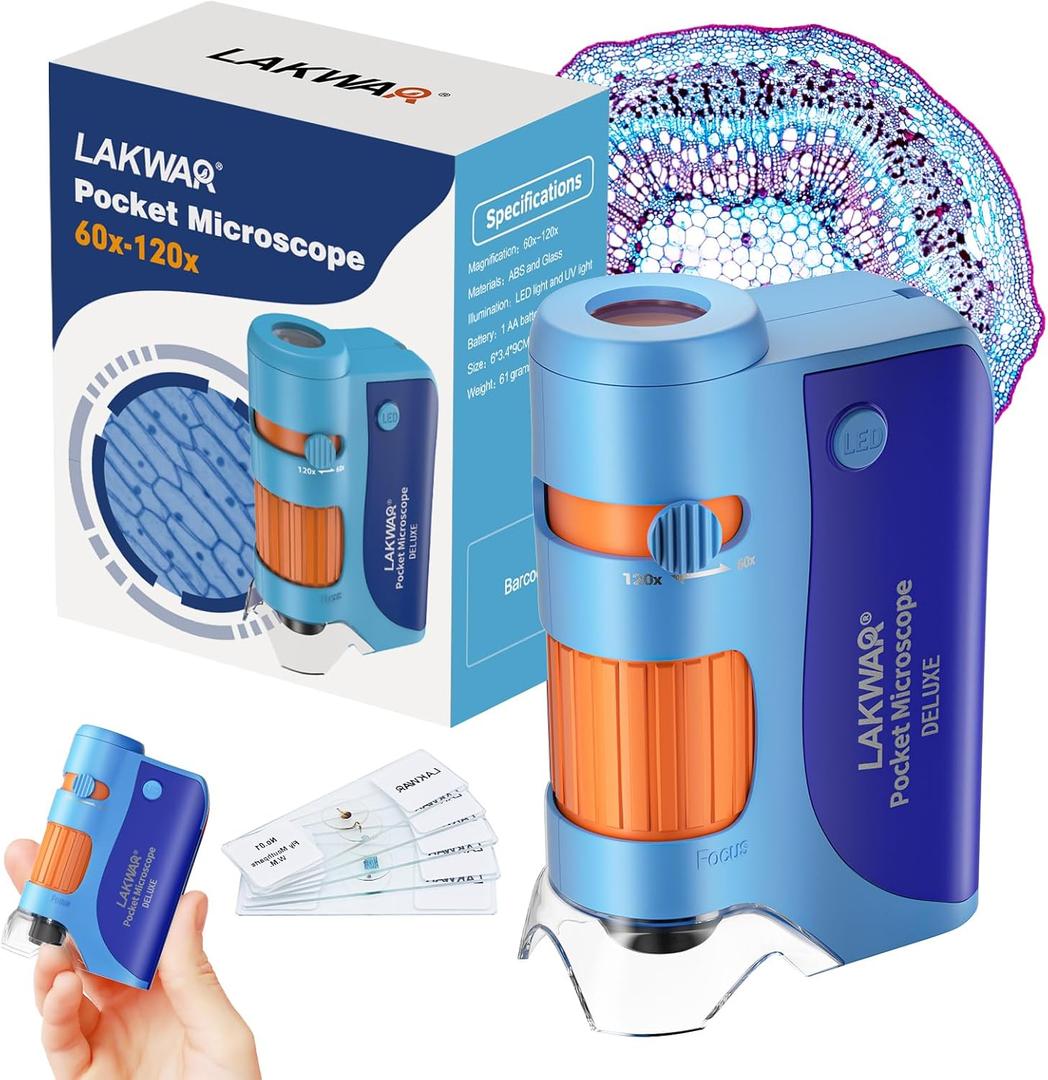 2 x 60x-120x Mini Pocket Microscope for Kids Adults, Portable Handheld Microscope with Microscope Slides, Miniscope Portable Microscope for Kids Little Scientist Students School Minilabsters Education