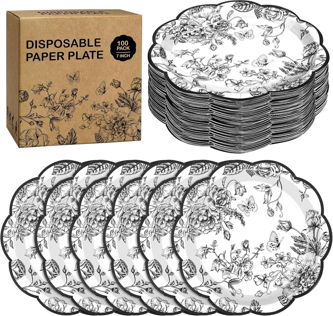 Kochorie 100 Pieces Black Flower Paper Plates 7 Inches Disposable Floral Paper Plates Scalloped Black Chinoiserie Vintage Flower Dessert Plate for Wedding Birthday Holiday Party Decor Supplies