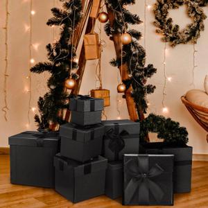 Tenceur 10 Pcs Gift Boxes with Lids Heavy Duty Nested Assorted Sizes Cardboard Gift Boxes for Presents with Ribbon for Xmas Holiday Present(Black,10 Size)