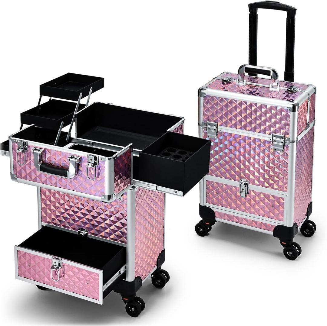 Rolling Makeup Case with Drawer Cosmetology Case on Wheels Makeup Trolley Sliding Drawer Makeup Travel Case for Esthetician, Mobile Stylist, Manicurist Barber Case Traveling Cart Trunk Glitter Pink (EXP 07/14/32)