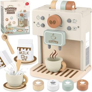 Airlab Toy Coffee Maker for Kids Wooden Kitchen Accessories Pretend Play Toddler Coffee Playset for Girls Boys Ages 3 4 5 Years Birthday Gifts, child-size