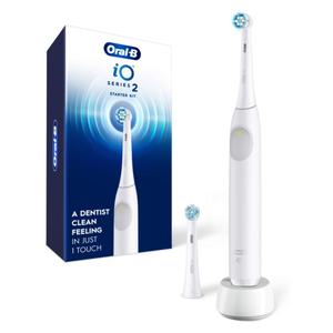 OralB iO Series 2 Rechargeable Electric Powered Toothbrush Starter Kit, Pure White with 2 Brush Heads  Automatic Pressure Sensor to Protect Gums  3 Modes  2 Min Timer