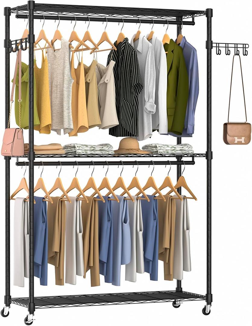 Heavy Duty Rolling Garment Rack, 3 Tiers Wire Shelves Adjustable Freestanding Portable Rolling Clothing Rack with Lockable Wheels, 47.2''L x 15.8''W x 78.8''H, Max Load 650LBS