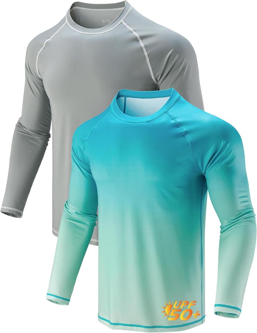 2 Pack Mens Rash Guard Long Sleeve Swim Shirts UPF 50+ Sun Protection Quick Dry Lightweight UV Fishing Surf Shirt, XL